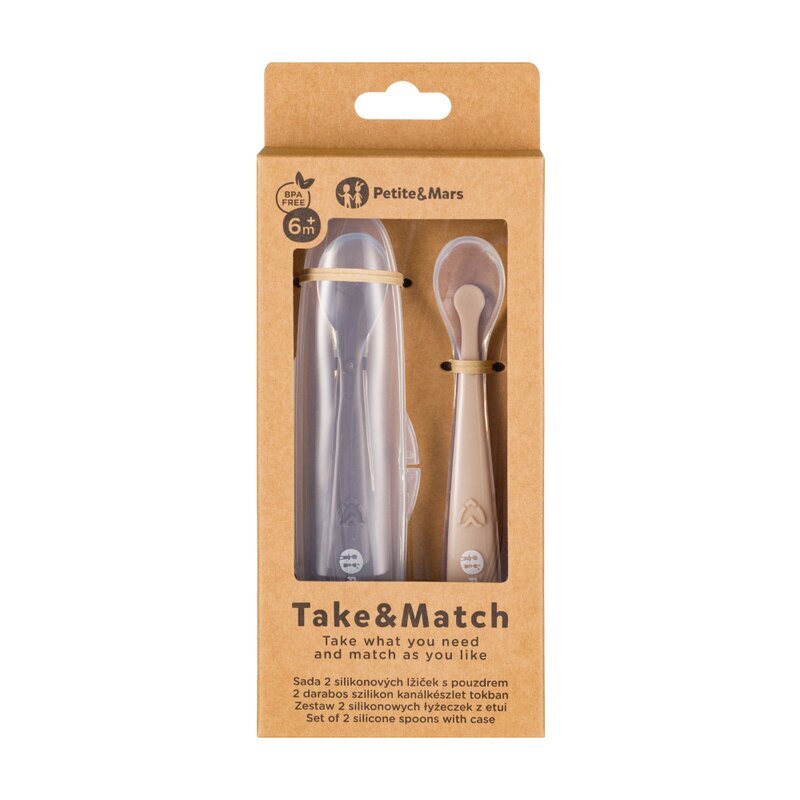 Petite&Mars Set 2 lingurite PetiteMars TakeMatch Maro adecvate pentru masina de spalat vase fara BPA 6 luni+ cutie pentru depozitare