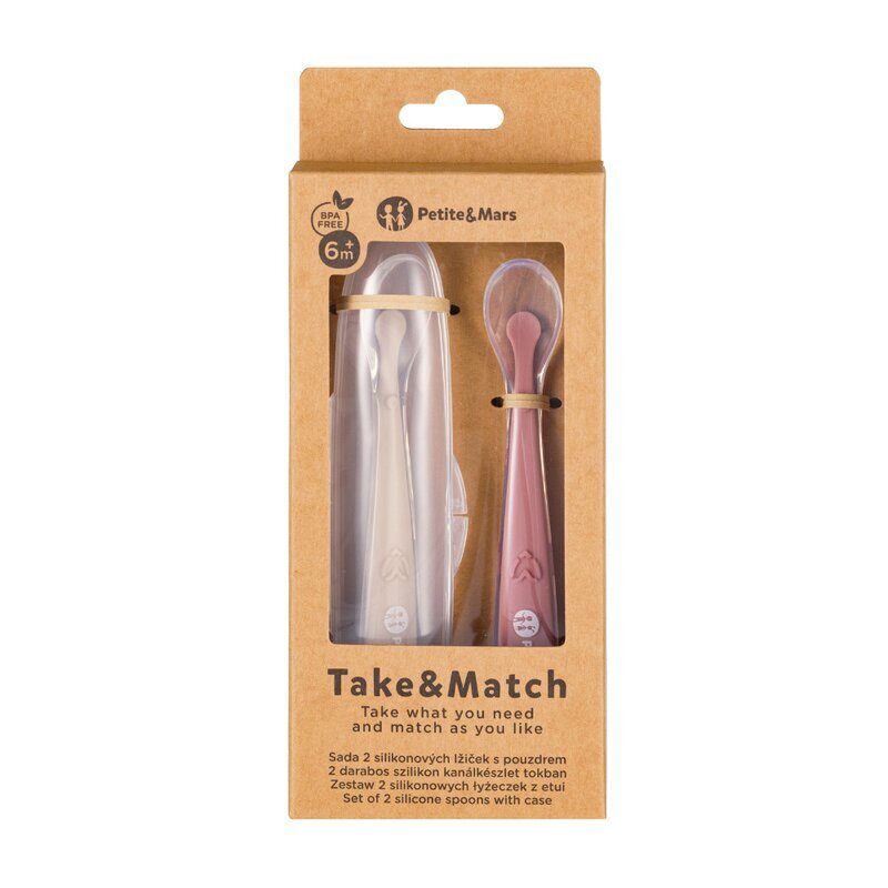 Petite&Mars Set 2 lingurite PetiteMars TakeMatch RozBej adecvate pentru masina de spalat vase fara BPA 6 luni+ cutie pentru depozitare