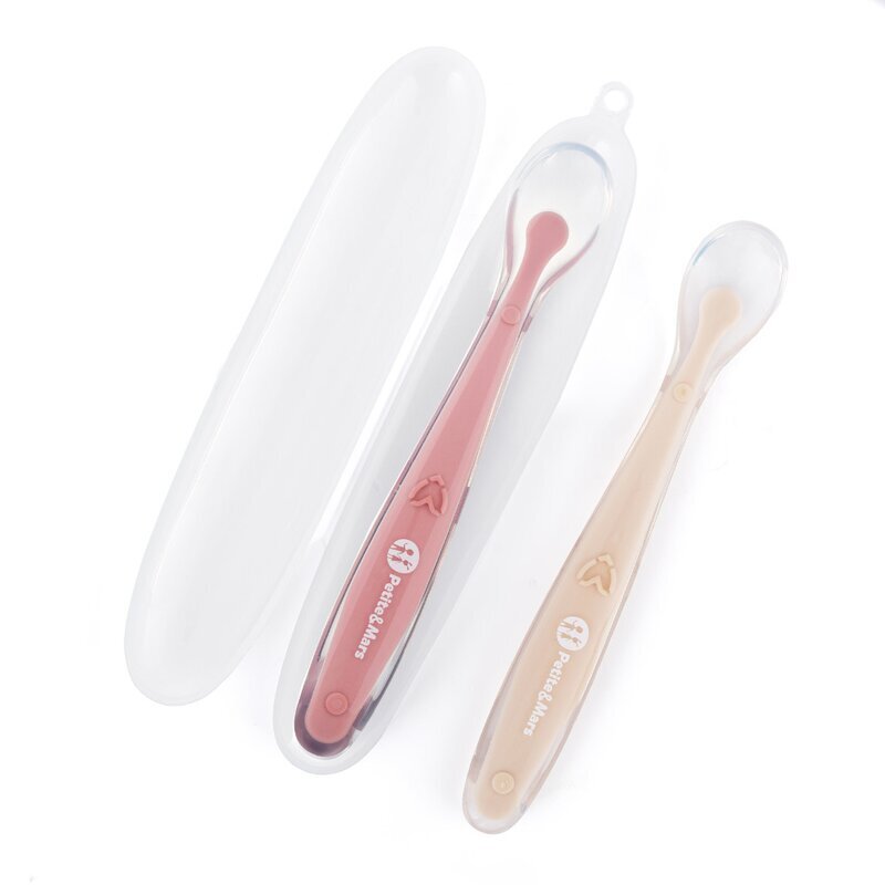 Petite&Mars Set 2 lingurite PetiteMars TakeMatch RozBej adecvate pentru masina de spalat vase fara BPA 6 luni+ cutie pentru depozitare