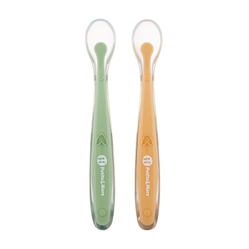Petite&Mars Set 2 lingurite PetiteMars TakeMatch VerdeGalben adecvate pentru masina de spalat vase fara BPA 6 luni+ cutie pentru depozitare