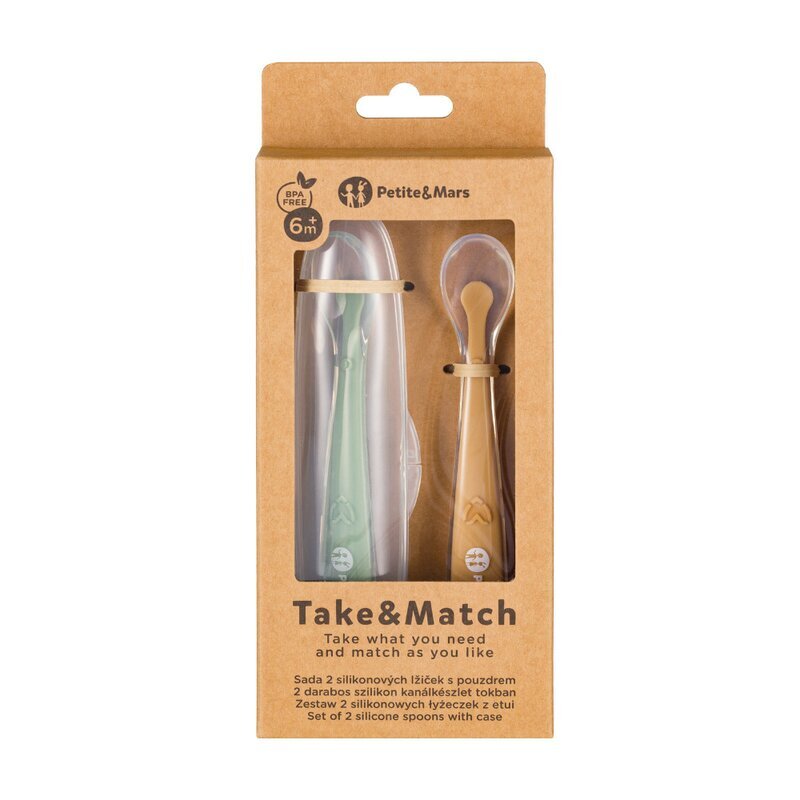 Petite&Mars Set 2 lingurite PetiteMars TakeMatch VerdeGalben adecvate pentru masina de spalat vase fara BPA 6 luni+ cutie pentru depozitare