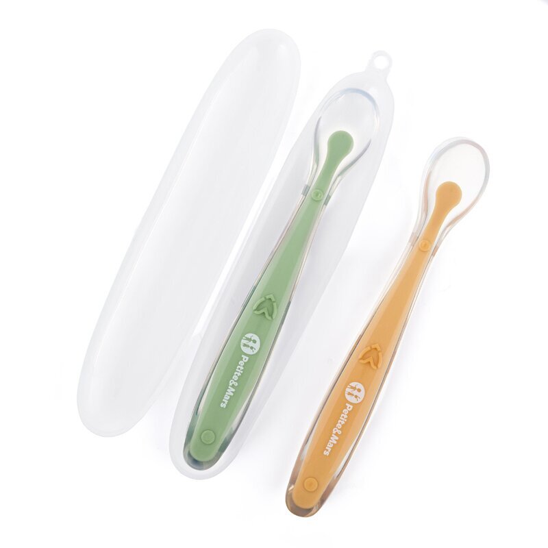 Petite&Mars Set 2 lingurite PetiteMars TakeMatch VerdeGalben adecvate pentru masina de spalat vase fara BPA 6 luni+ cutie pentru depozitare
