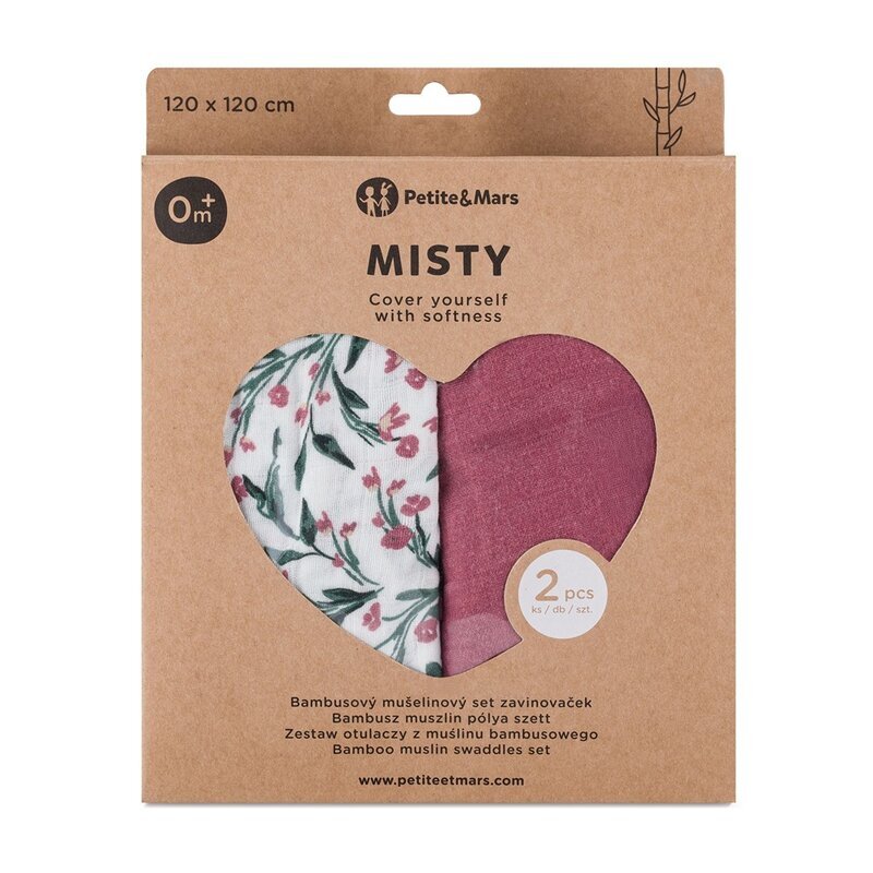 Petite&Mars Set 2 scutece PetiteMars Pink Meadow Misty din muselina de bambus hipoalergenice 120x120 cm