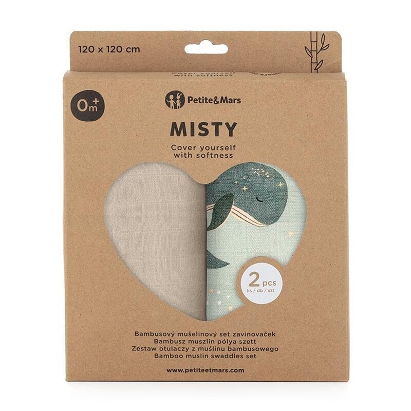 Petite&Mars Set 2 scutece PetiteMars Whale Song Misty din muselina de bambus hipoalergenice 120x120 cm