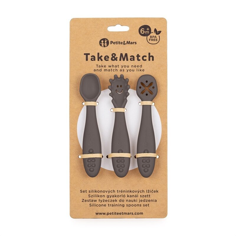 Petite&Mars Set 3 lingurite PetiteMars Bitter Cocoa Maro TakeMatch din silicon pentru supa paste alimente usoare fara BPA 6 luni+