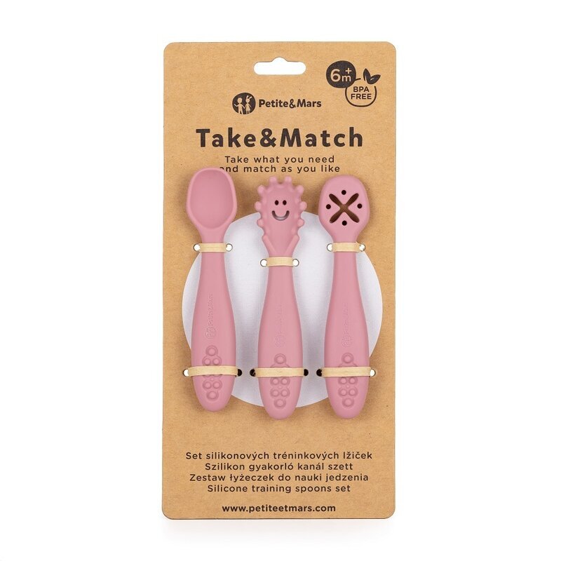 Petite&Mars Set 3 lingurite PetiteMars din silicon roz
