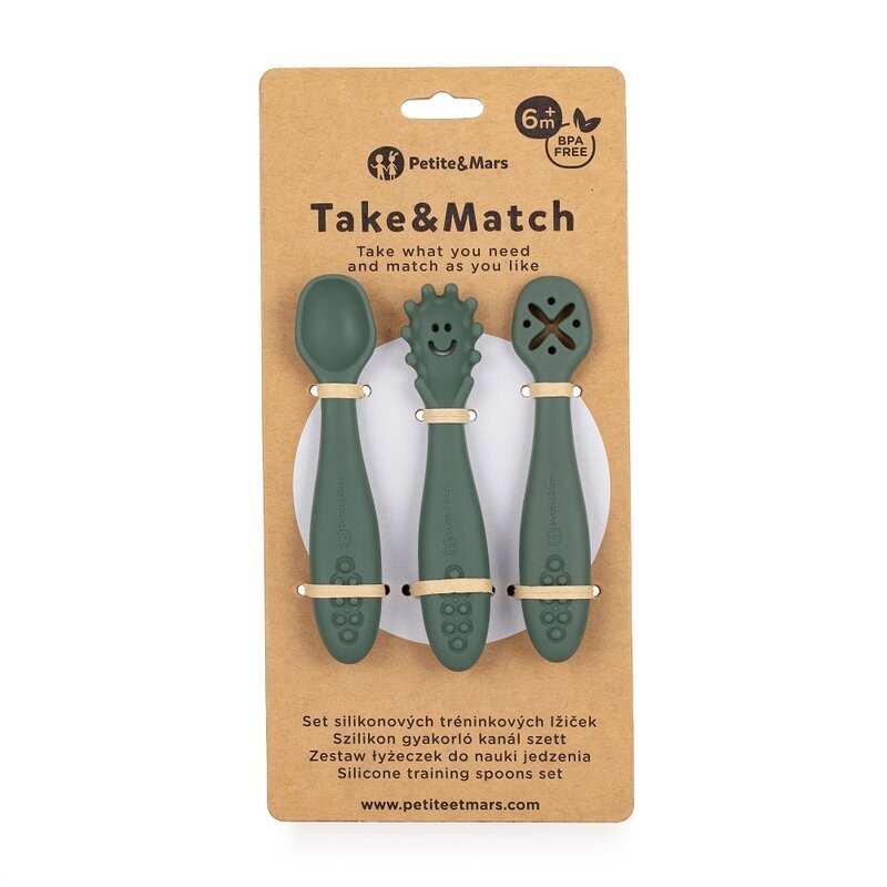 Petite&Mars Set 3 lingurite PetiteMars din silicon verde