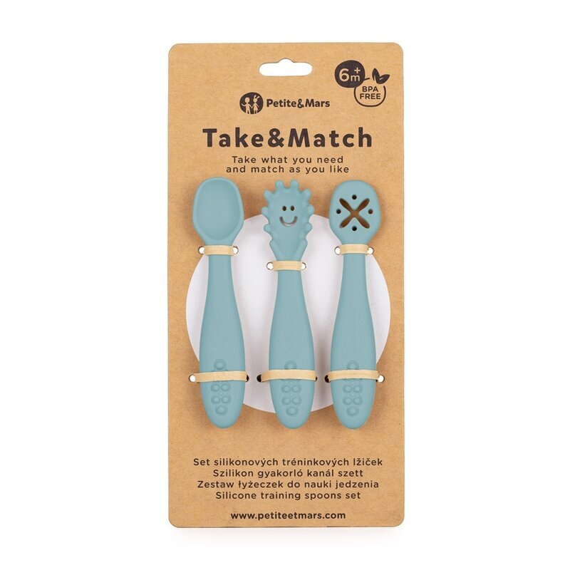 Petite&Mars Set 3 lingurite PetiteMars Frosted Sky Albastru TakeMatch din silicon pentru supa paste alimente usoare fara BPA 6 luni+