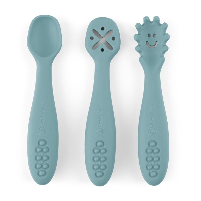 Petite&Mars Set 3 lingurite PetiteMars Frosted Sky Albastru TakeMatch din silicon pentru supa paste alimente usoare fara BPA 6 luni+