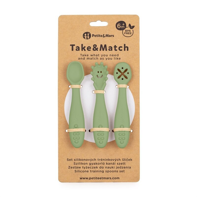 Petite&Mars Set 3 lingurite PetiteMars Sweet Pea Verde TakeMatch din silicon pentru supa paste alimente usoare fara BPA 6 luni+