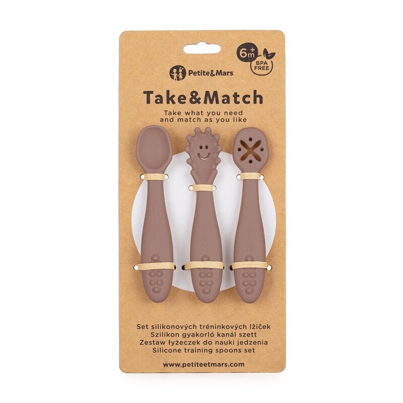 Petite&Mars Set 3 lingurite PetiteMars Velvet Latte Maro TakeMatch din silicon pentru supa paste alimente usoare fara BPA 6 luni+