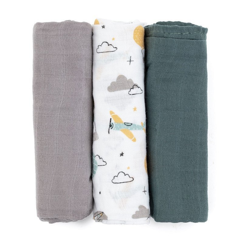 Petite&Mars Set 3 scutece PetiteMars din muselina de bambus Moussy Grey Planes hipoalergenice 68 x 68 cm Multicolor