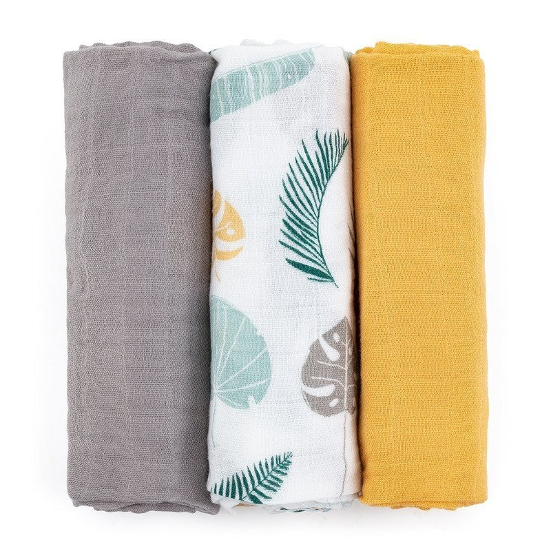 Petite&Mars Set 3 scutece PetiteMars din muselina de bambus Moussy Ochre Leaves hipoalergenice 68 x 68 cm Multicolor