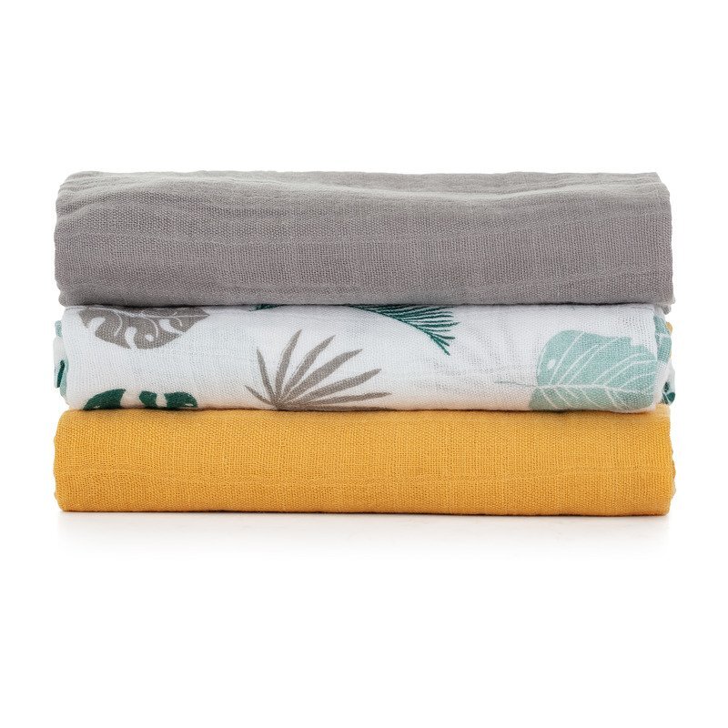 Petite&Mars Set 3 scutece PetiteMars din muselina de bambus Moussy Ochre Leaves hipoalergenice 68 x 68 cm Multicolor