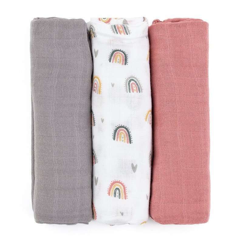Petite&Mars Set 3 scutece PetiteMars din muselina de bambus Moussy Rose Rainbow hipoalergenice 68 x 68 cm Multicolor