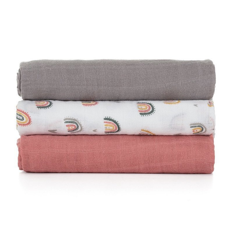 Petite&Mars Set 3 scutece PetiteMars din muselina de bambus Moussy Rose Rainbow hipoalergenice 68 x 68 cm Multicolor