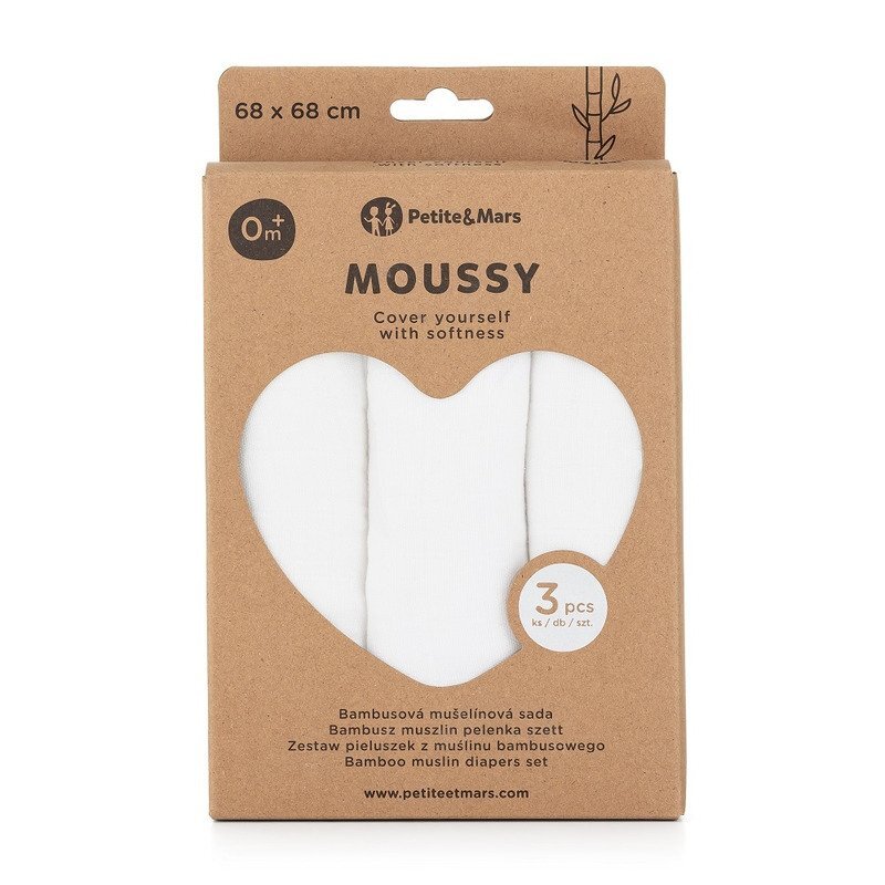 Petite&Mars Set 3 scutece PetiteMars din muselina de bambus Moussy Total White hipoalergenice 68 x 68 cm Alb