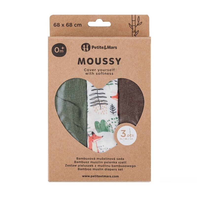 Petite&Mars Set 3 scutece PetiteMars Forest Fox Moussy din muselina de bambus hipoalergenice 68x68 cm