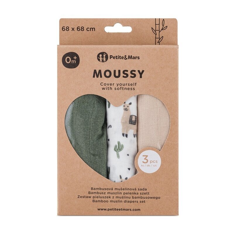 Petite&Mars Set 3 scutece PetiteMars Lama Vibes Moussy din muselina de bambus hipoalergenice 68x68 cm