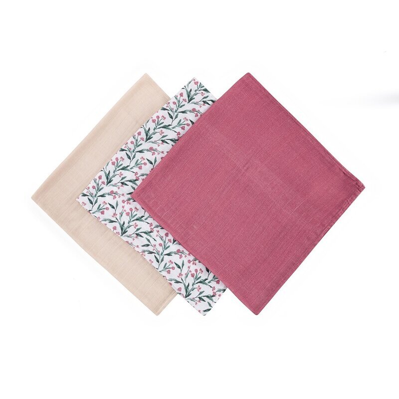 Petite&Mars Set 3 scutece PetiteMars Pink Meadow Moussy din muselina de bambus hipoalergenice 68x68 cm