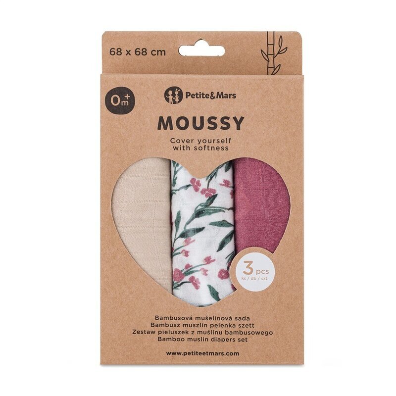Petite&Mars Set 3 scutece PetiteMars Pink Meadow Moussy din muselina de bambus hipoalergenice 68x68 cm