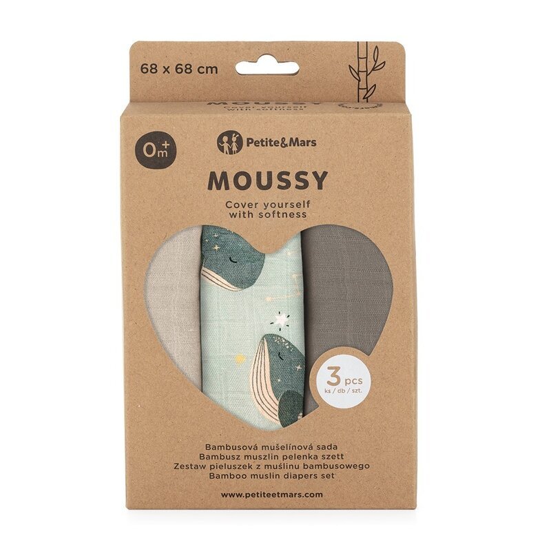 Petite&Mars Set 3 scutece PetiteMars Whale Song Moussy din muselina de bambus hipoalergenice 68x68 cm