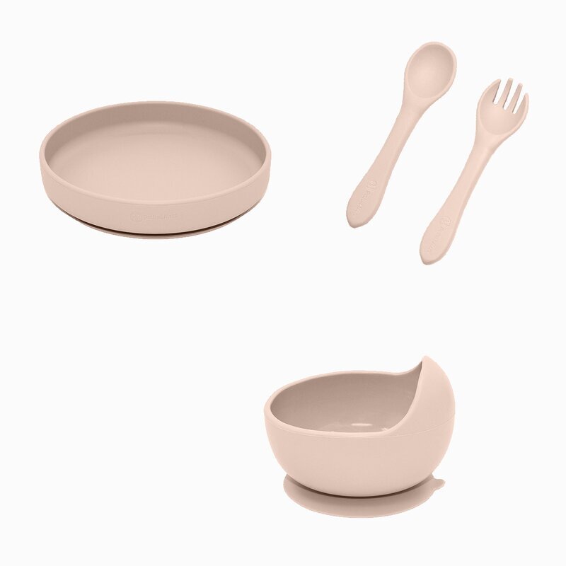 Petite&Mars Set de hranire PetiteMars cu farfurie bol si tacamuri din silicon fara BFA bej