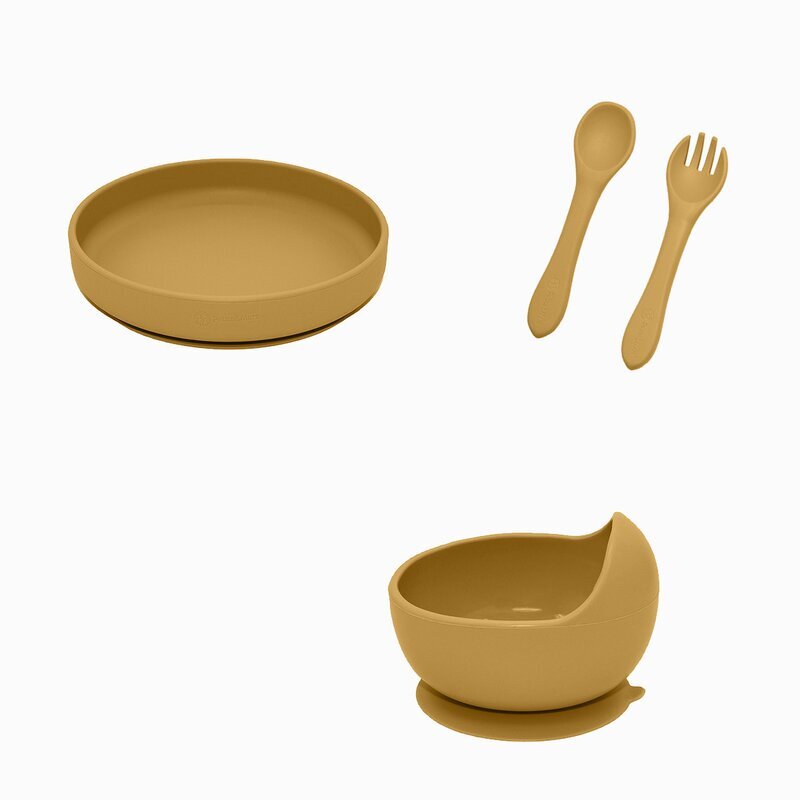 Petite&Mars Set de hranire PetiteMars cu farfurie bol si tacamuri din silicon fara BFA ocru