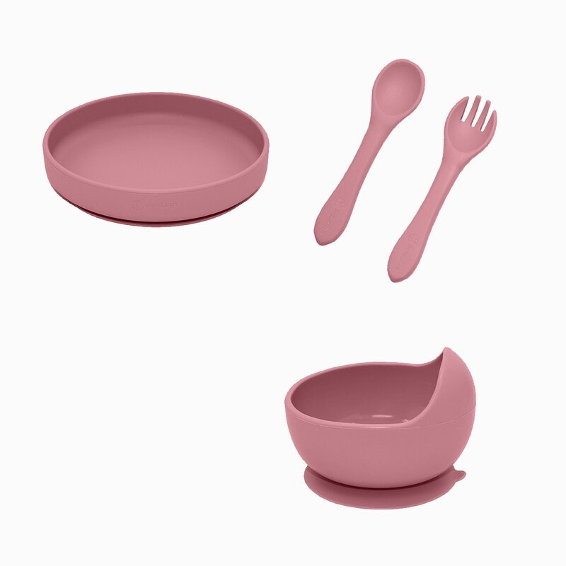 Petite&Mars Set de hranire PetiteMars cu farfurie bol si tacamuri din silicon fara BFA roz
