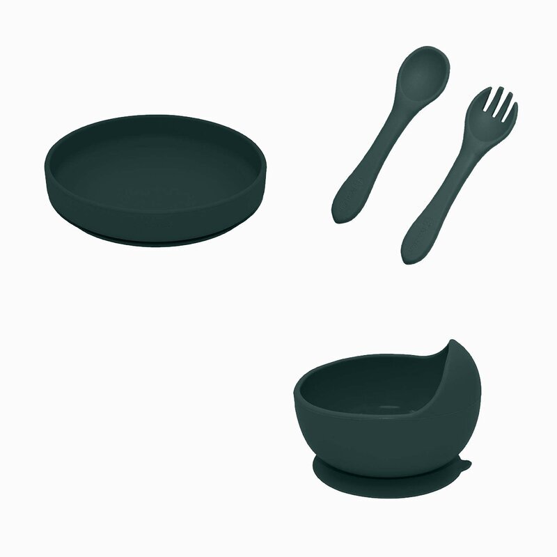 Petite&Mars Set de hranire PetiteMars cu farfurie bol si tacamuri din silicon fara BFA verde inchis