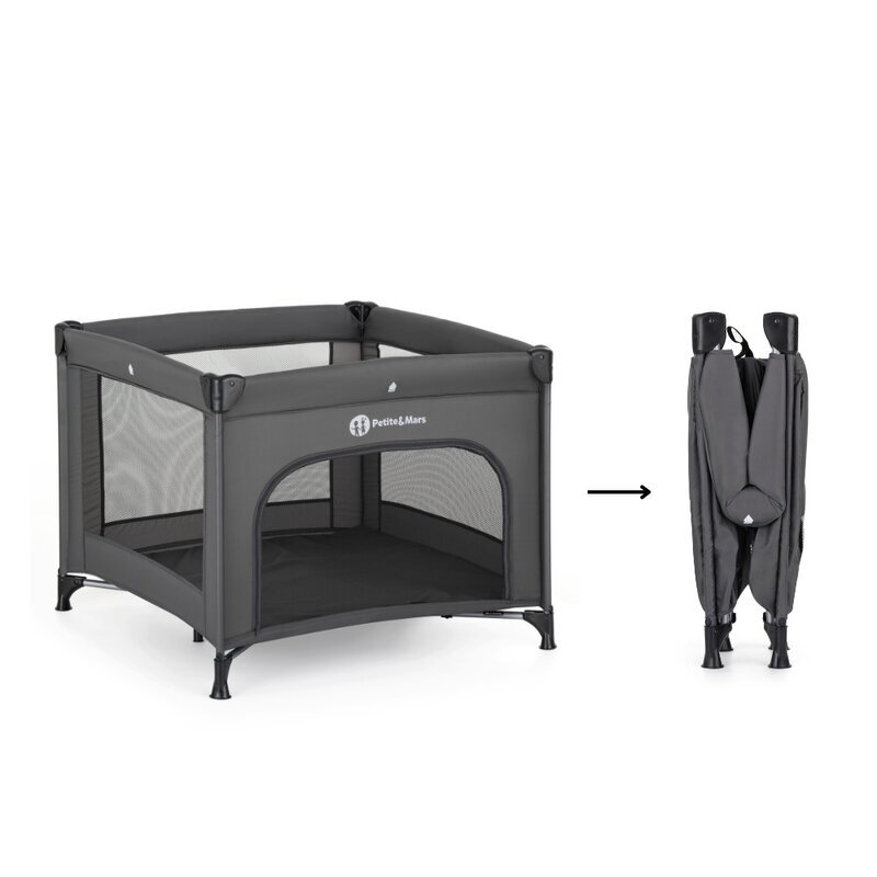 Petite&Mars Tarc pliabil pentru copii PetiteMars Nook Gri 90x90 cm pliere compacta include geanta de transport intrare laterala structura stabila greutate admisa 15 kg 0 luni+