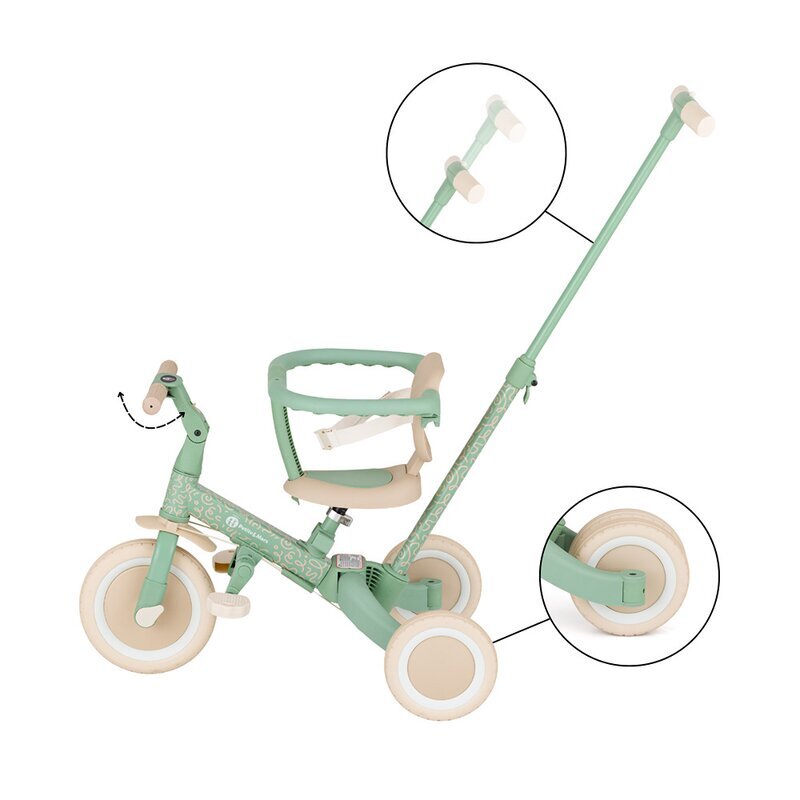 Petite&Mars Tricicleta pentru copii PetiteMars Green Twist Turbo editie limitata 5 in 1 multifunctionala vehicul de impins bicicleta cufara pedale maner de ghidaj