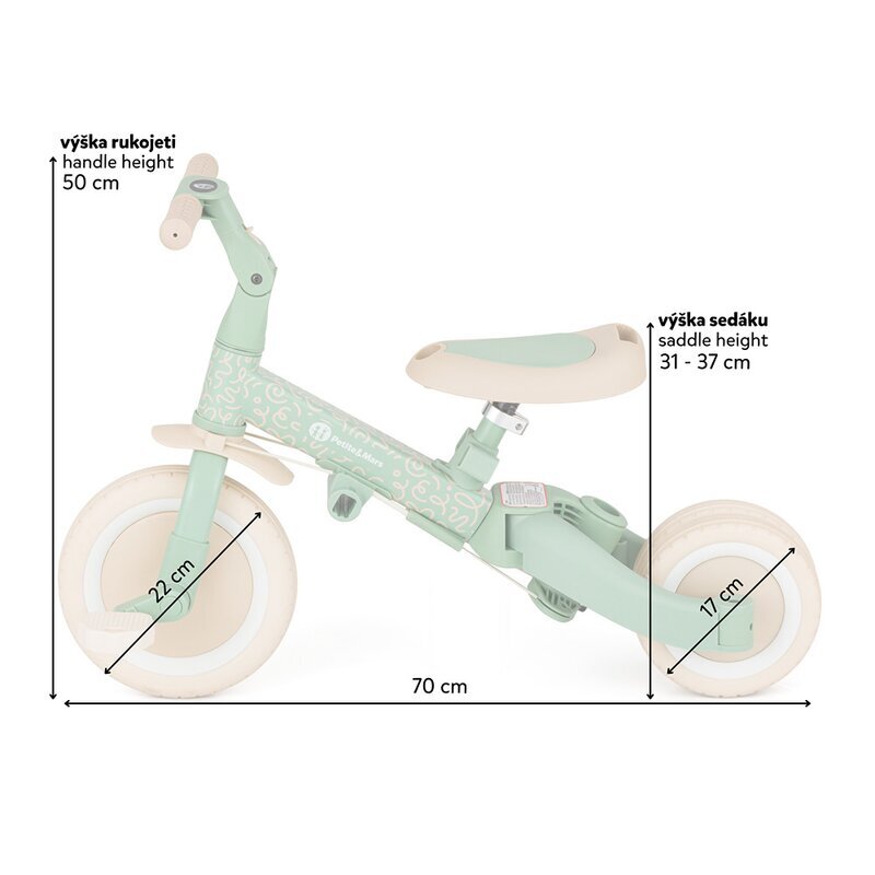 Petite&Mars Tricicleta pentru copii PetiteMars Green Twist Turbo editie limitata 5 in 1 multifunctionala vehicul de impins bicicleta cufara pedale maner de ghidaj
