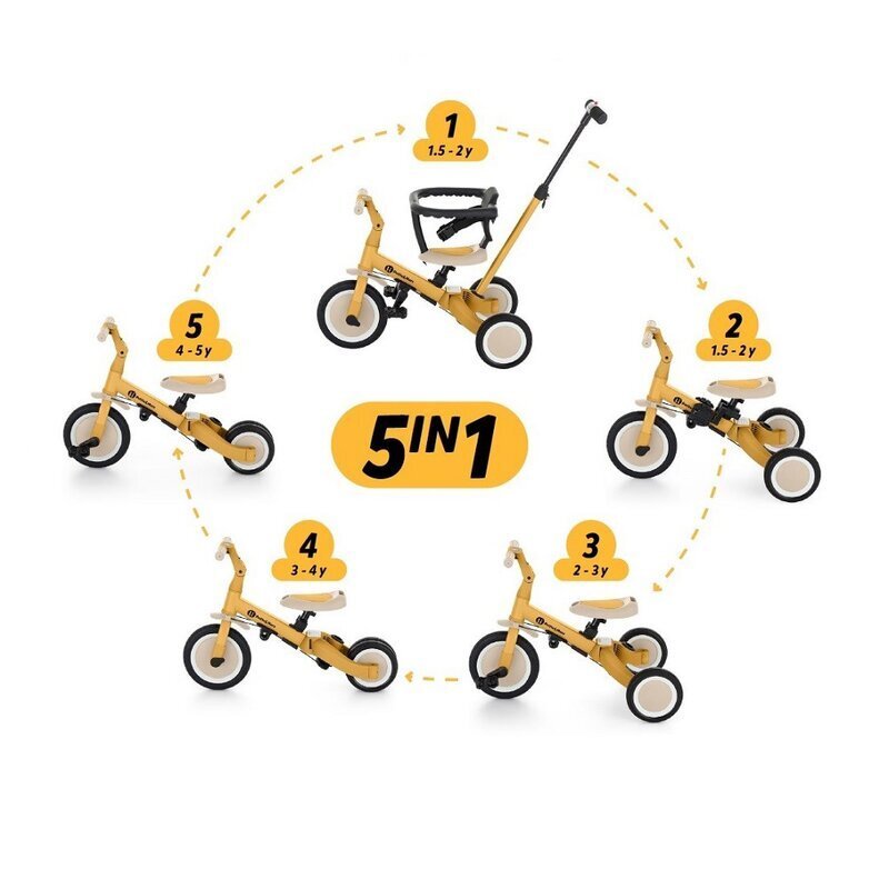 Petite&Mars Tricicleta pentru copii PetiteMars Turbo Bej 5 in 1 Multifunctionala Vehicul de impins Bicicleta cufara pedale Cu maner de ghidaj Detasabil Roti din cauciuc Pana la 25 kg 1.5-5 ani