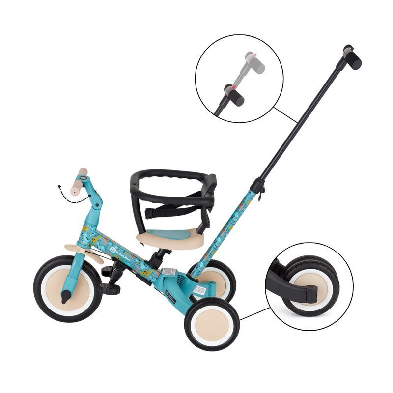 Petite&Mars Tricicleta pentru copii PetiteMars Turbo Dino Park editie limitata 5 in 1 multifunctionala cu maner de ghidaj roti din cauciuc greutate admisa 25 kg 1.5-5 ani