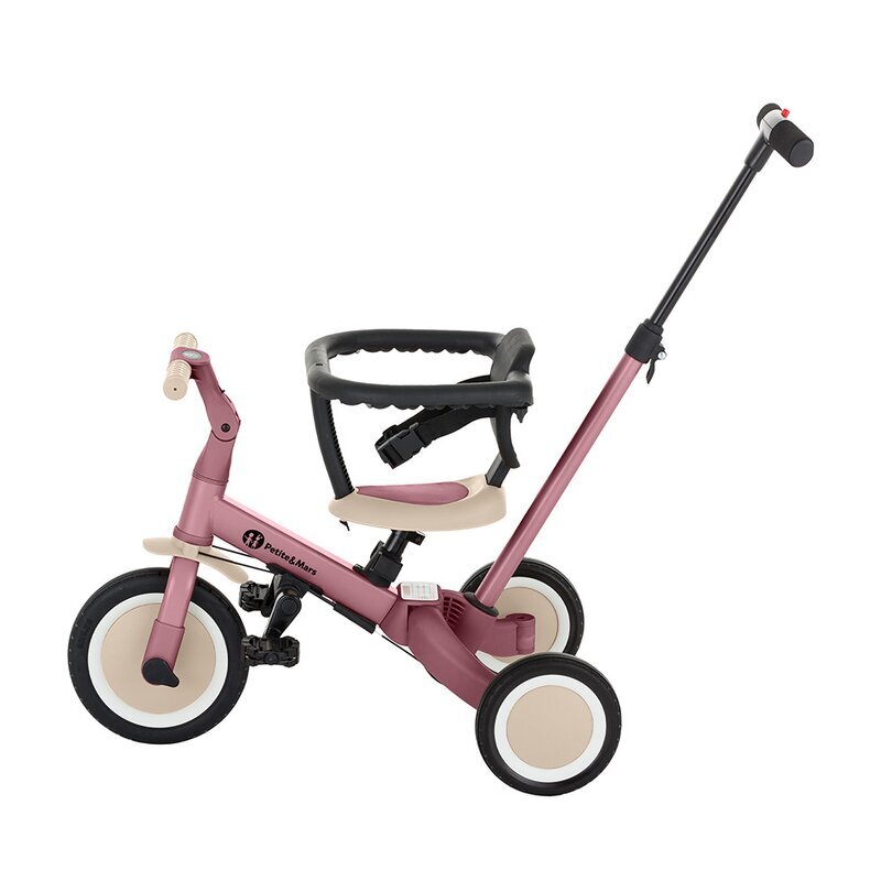 Petite&Mars Tricicleta pentru copii PetiteMars Turbo Dusty Rose 5 in 1 Multifunctionala Vehicul de impins Bicicleta cufara pedale Cu maner de ghidaj Detasabil Roti din cauciuc Pana la 25 kg 1.5-5 ani