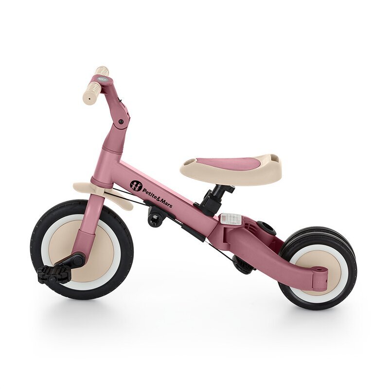 Petite&Mars Tricicleta pentru copii PetiteMars Turbo Dusty Rose 5 in 1 Multifunctionala Vehicul de impins Bicicleta cufara pedale Cu maner de ghidaj Detasabil Roti din cauciuc Pana la 25 kg 1.5-5 ani