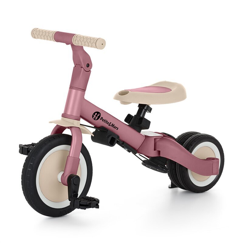 Petite&Mars Tricicleta pentru copii PetiteMars Turbo Dusty Rose 5 in 1 Multifunctionala Vehicul de impins Bicicleta cufara pedale Cu maner de ghidaj Detasabil Roti din cauciuc Pana la 25 kg 1.5-5 ani