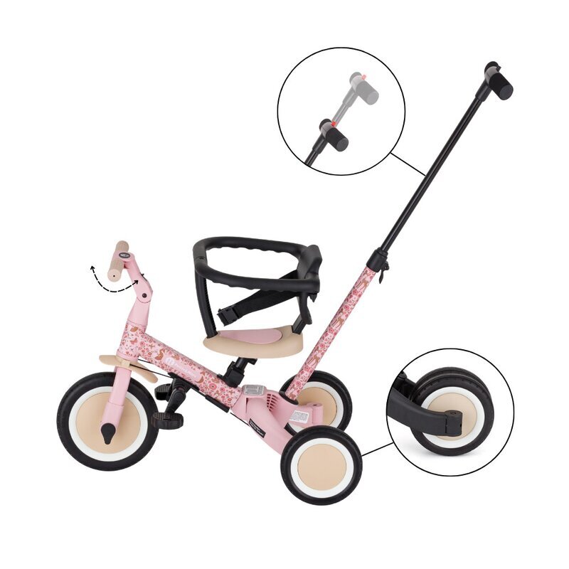 Petite&Mars Tricicleta pentru copii PetiteMars Turbo Rosy Wilderness editie limitata 5 in 1 multifunctionala cu maner de ghidaj roti din cauciuc greutate admisa 25 kg 1.5-5 ani