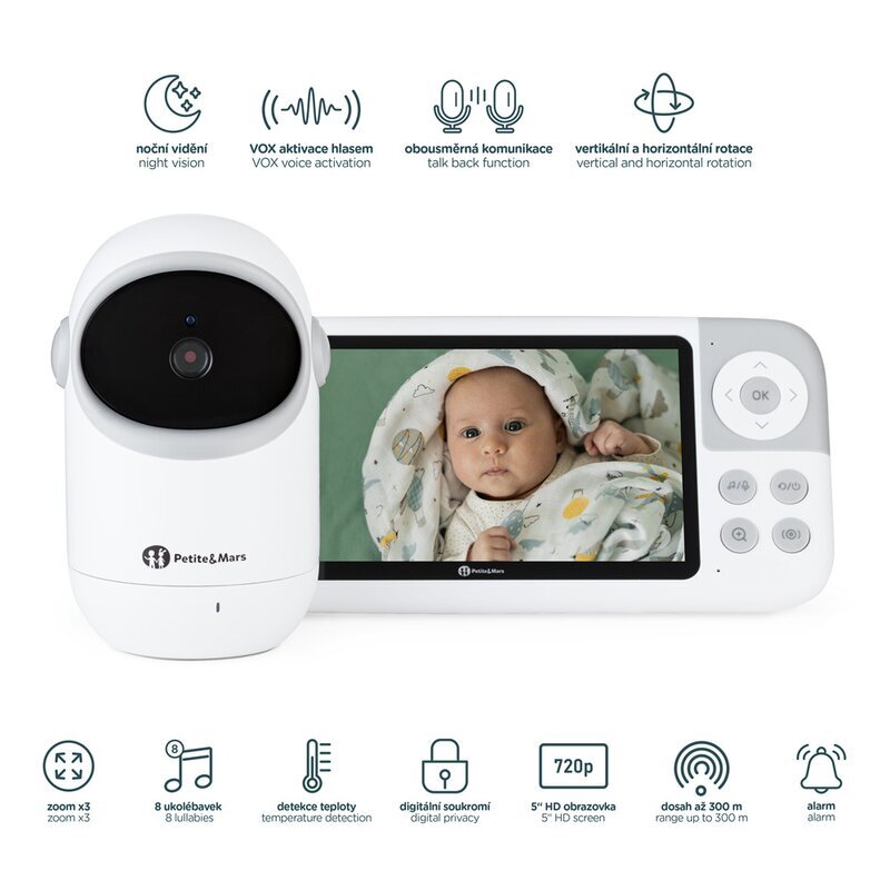 Petite&Mars Video monitor PetiteMars Eve 5.0 Alb ecran HD autonomie pana la 16 ore raza de actiune 300m suport pentru pana la 4 camere activare VOX la voce