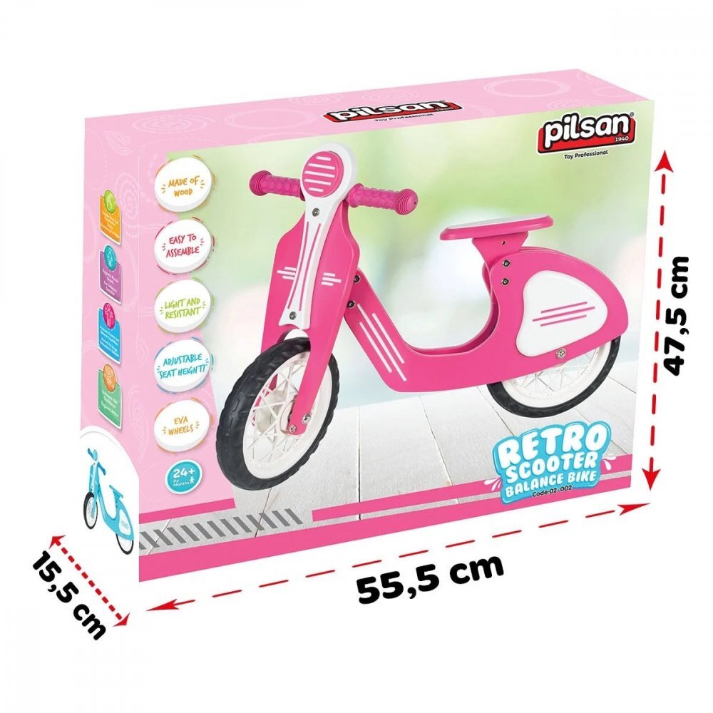 PILSAN Bicicleta copii fara pedale Retro Pink scaun reglabil in 3 pozitii sarcina maxima 30 kg de la 2 ani roti din cauciuc EVA