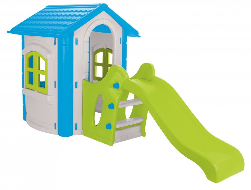 PILSAN Casuta de gradina pentru copii Happy House AlbastruVerde cu tobogan integrat plastic rezistent la intemperii ferestre mobile 252x131x112 cm utilizare interiorexterior