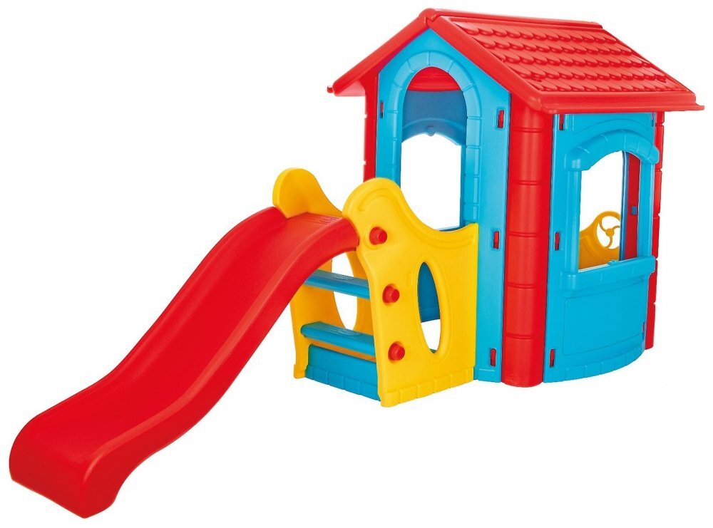 PILSAN Casuta de gradina pentru copii Happy House Blue cu tobogan integrat plastic rezistent la intemperii ferestre mobile 252x131x112 cm utilizare interiorexterior
