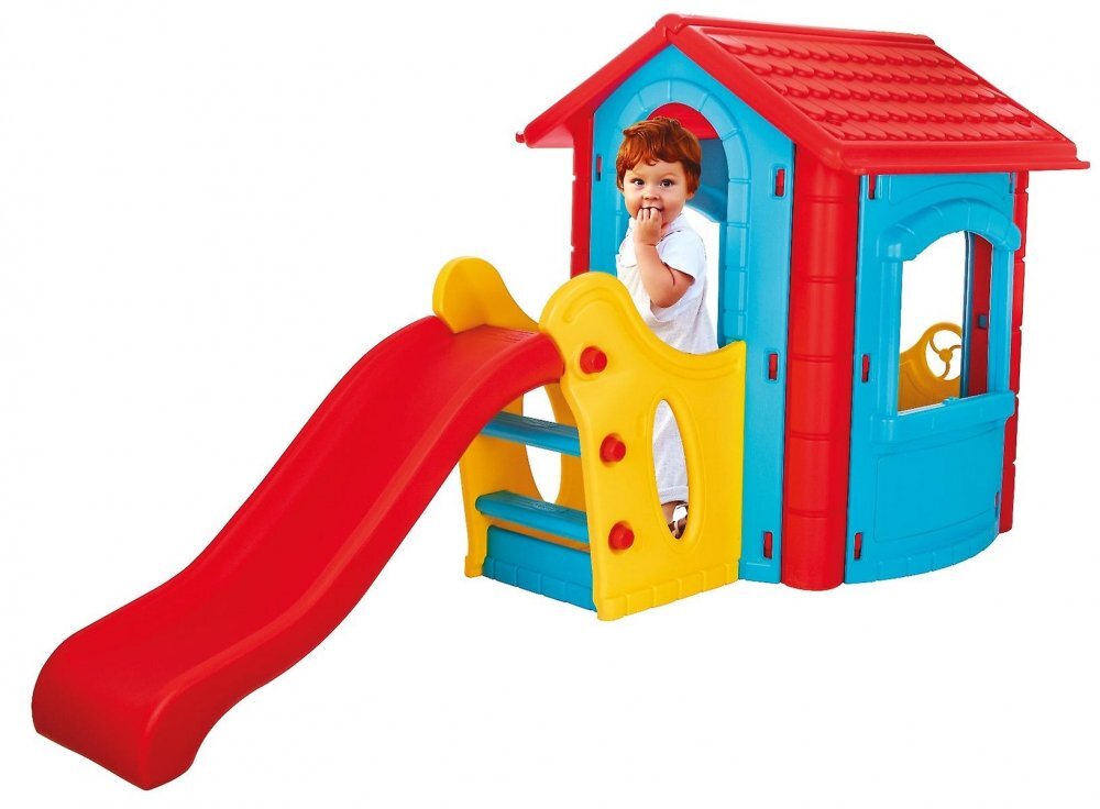 PILSAN Casuta de gradina pentru copii Happy House Blue cu tobogan integrat plastic rezistent la intemperii ferestre mobile 252x131x112 cm utilizare interiorexterior