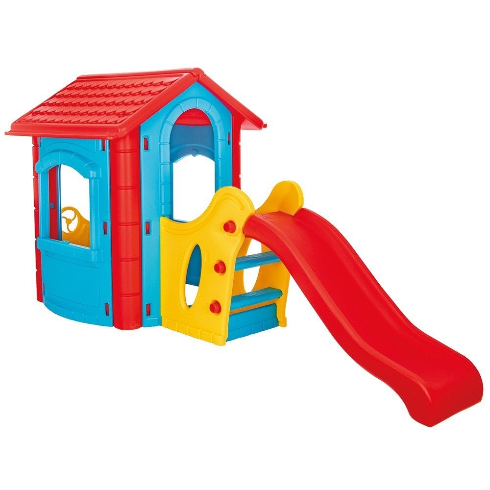 PILSAN Casuta de gradina pentru copii Happy House Blue cu tobogan integrat plastic rezistent la intemperii ferestre mobile 252x131x112 cm utilizare interiorexterior