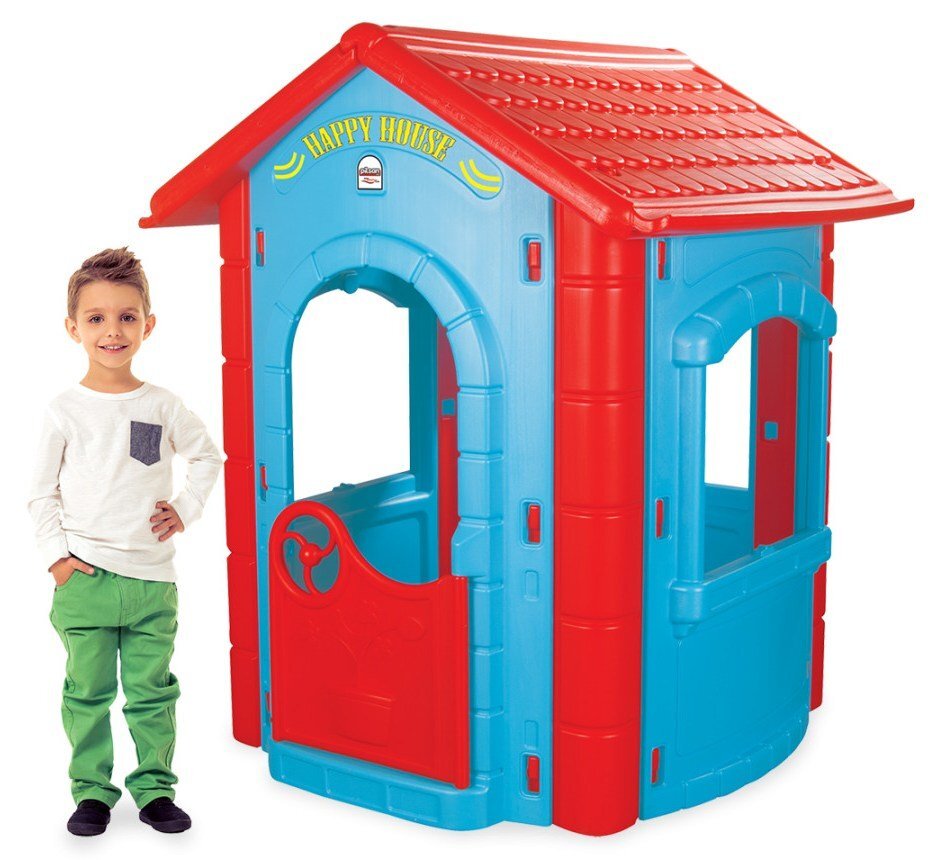 PILSAN Casuta de gradina pentru copii Happy House BlueRed utilizare interiorexteriorplastic rezistent UVdesign realistusa si ferestre functionale 112x104.5x131 cm