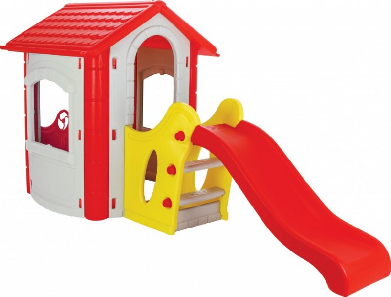PILSAN Casuta de gradina pentru copii Happy House GriRosu cu tobogan integrat plastic rezistent la intemperii ferestre mobile 252x131x112 cm utilizare interiorexterior