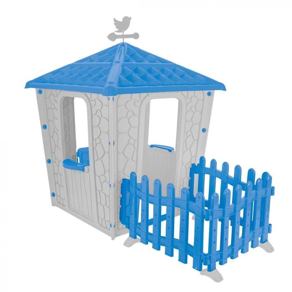 PILSAN Casuta de gradina pentru copii Stone House BlueGrey cu gardulet inclus utilizare interiorexteriorplastic rezistent UV design realist