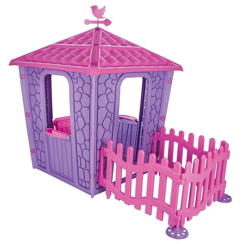 PILSAN Casuta de gradina pentru copii Stone House PinkPurple cu gardulet inclus utilizare interiorexteriorplastic rezistent UV design realist