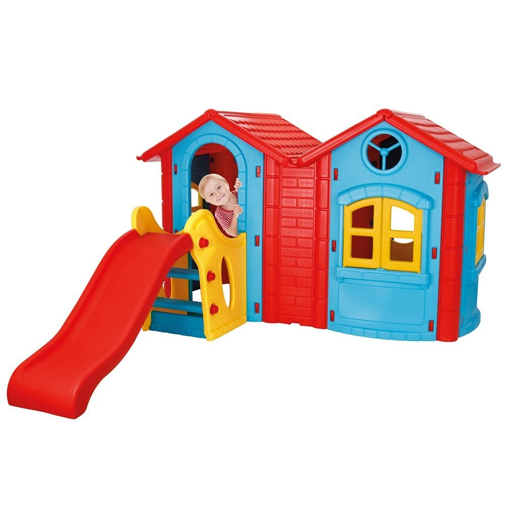 PILSAN Casuta dubla cu tobogan pentru copii din plastic rezistent UVusi si ferestre functionale Double Happy House blue